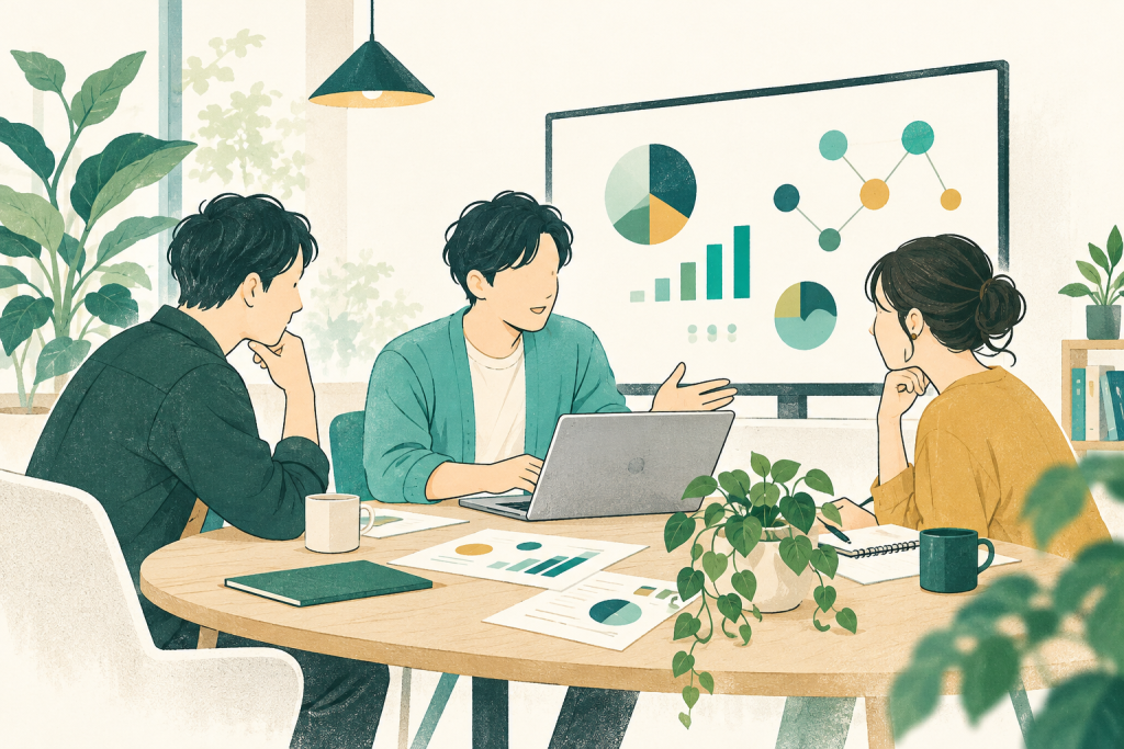 同僚とノートパソコンを囲み、仕事へのAI活用を学ぶ様子を描いたイラスト